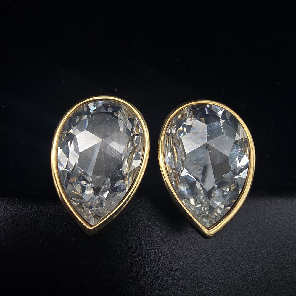 SAL Swarovski Tear Drop Clip On Earrings Clear Rhinestone Gold Tone